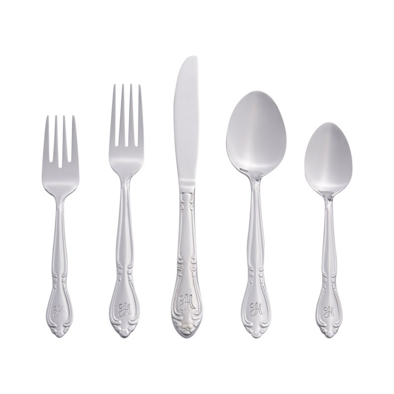 RiverRidge Rose Monogrammed Flatware Set 46 Piece Silverware - H - Utensils Set with Serving Pieces, Heavy Gauge Stainless Steel, Mirror Finish, Dishwasher Safe Cutlery for Daily Use - Image 1